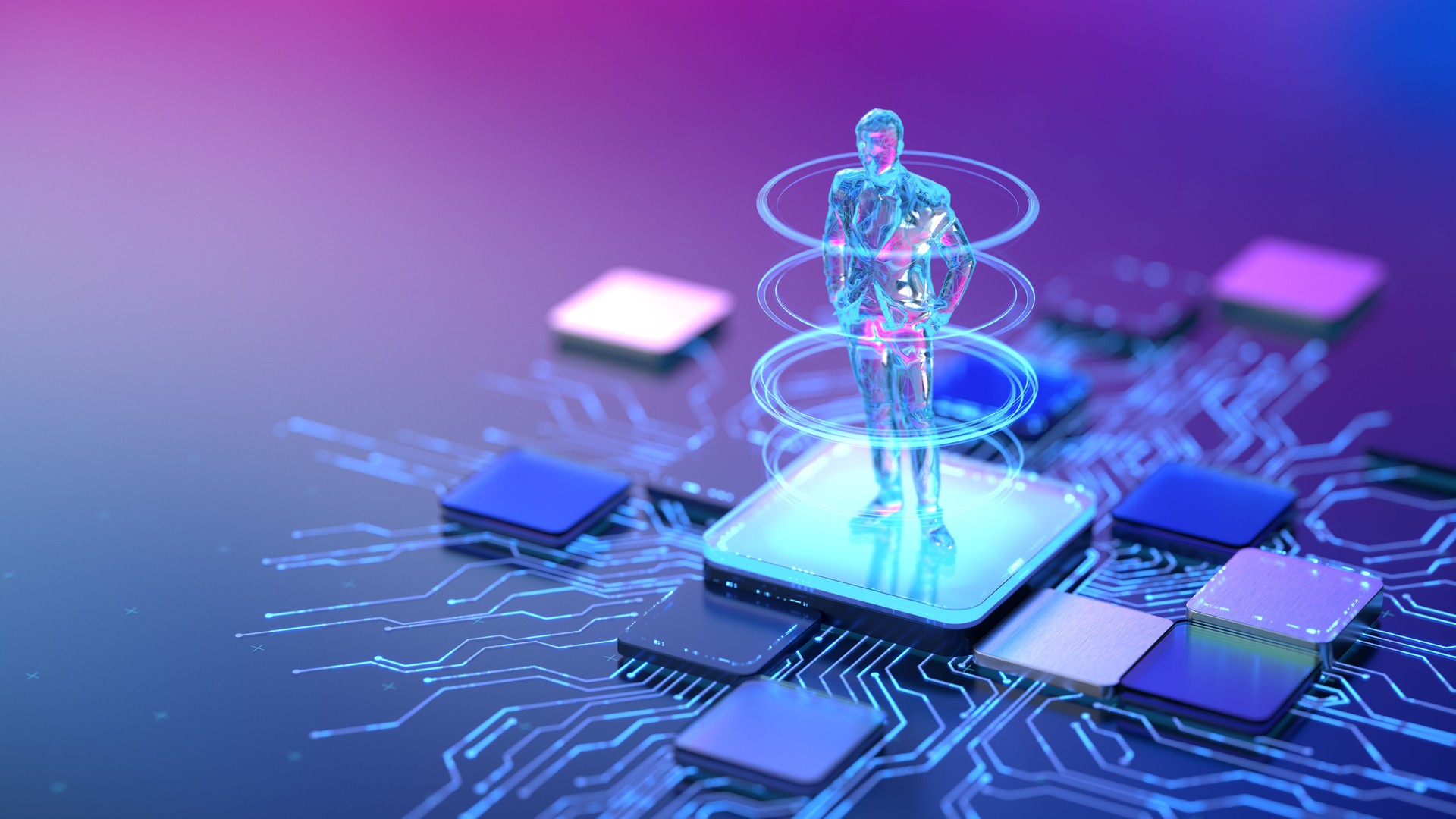 Futuristic Human Hologram Over Microchip Circuit Defining Digital Tech, AI, And Innovation