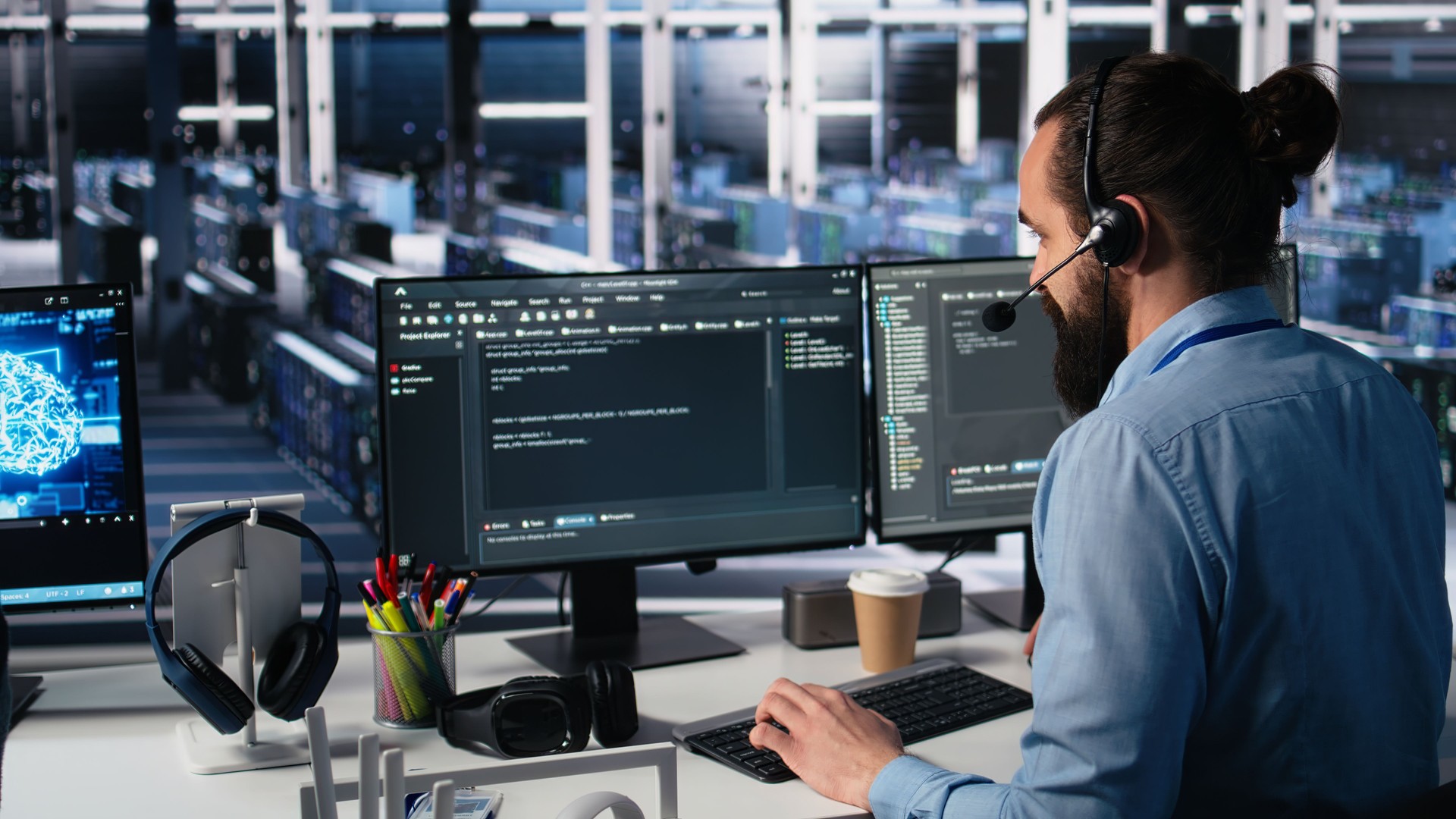 Engineer in data center wearing headset assisting users with AI